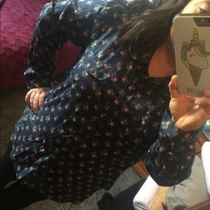 Floral  blue button up T-shirt